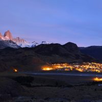 Fitz Roy Mountain and El Chalten at dawn, Patagonia, Argentina.