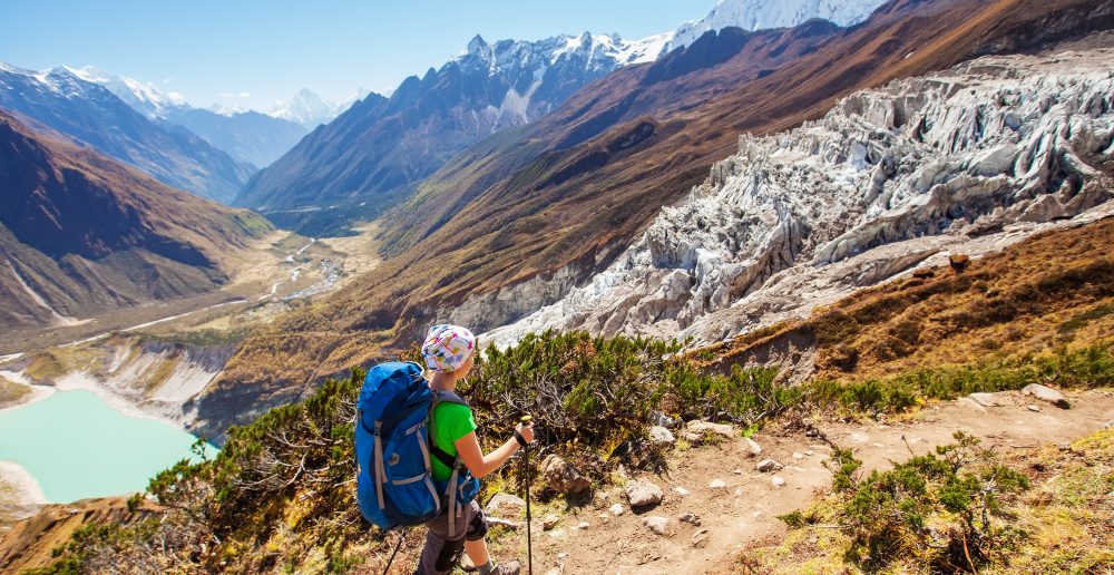 Hiker on the trek in Himalayas, Manaslu region, Nepal