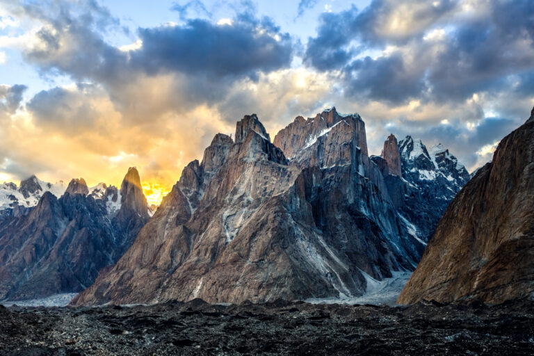 Great Trango Tower mountain in Karakoram at sunset during the K2