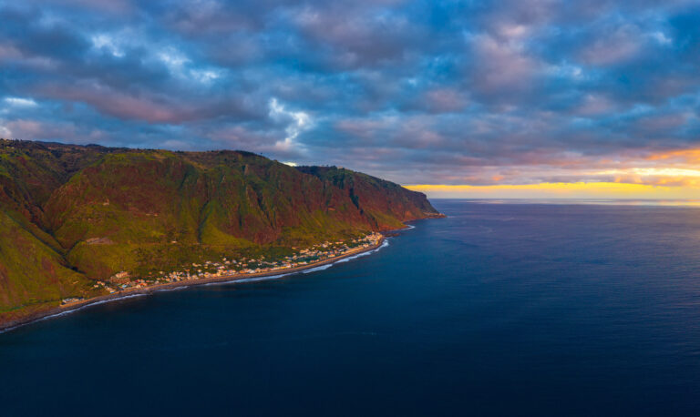 Aerial view of Paul do Mar on Madeira, Portugal at sunset