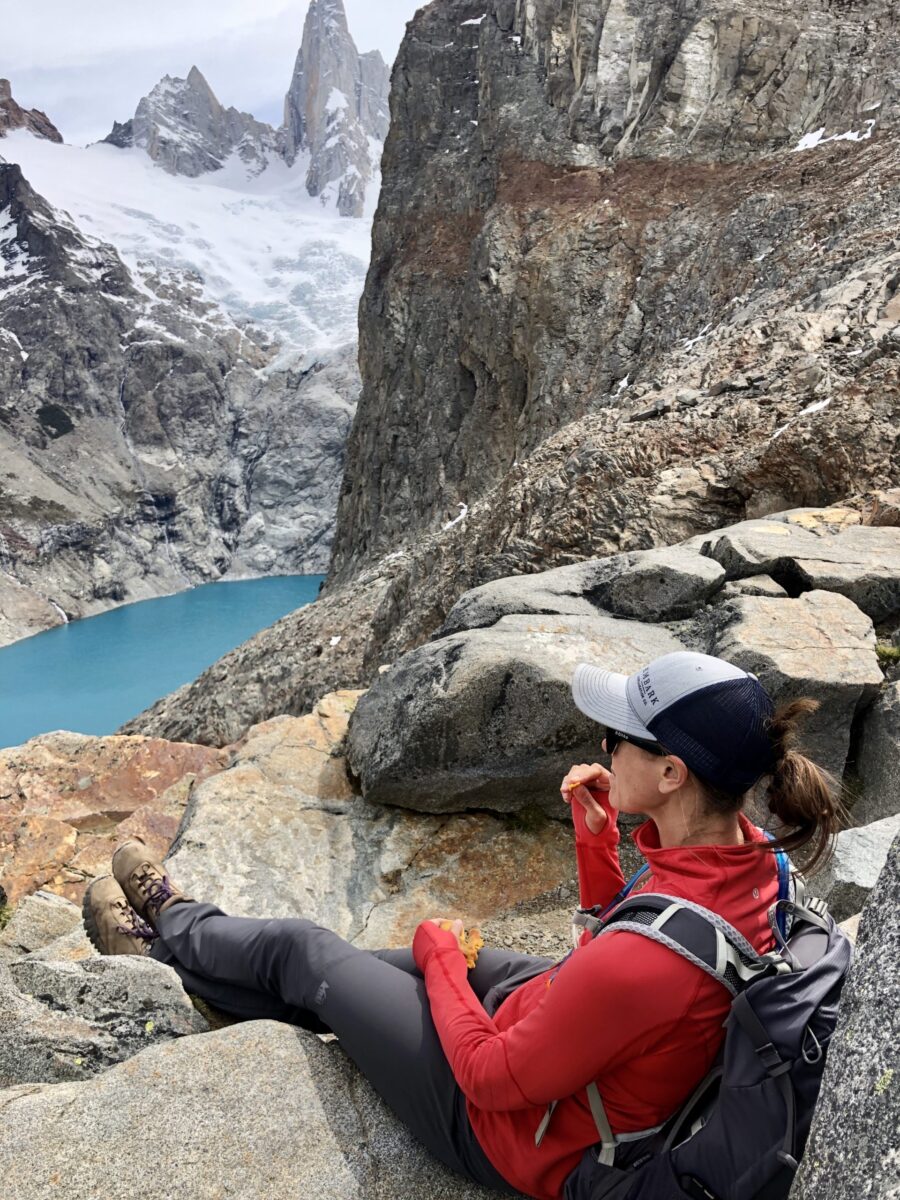 Embark hiker enjoying at Laguna de los Tres with Fitz Roy in Patagonia