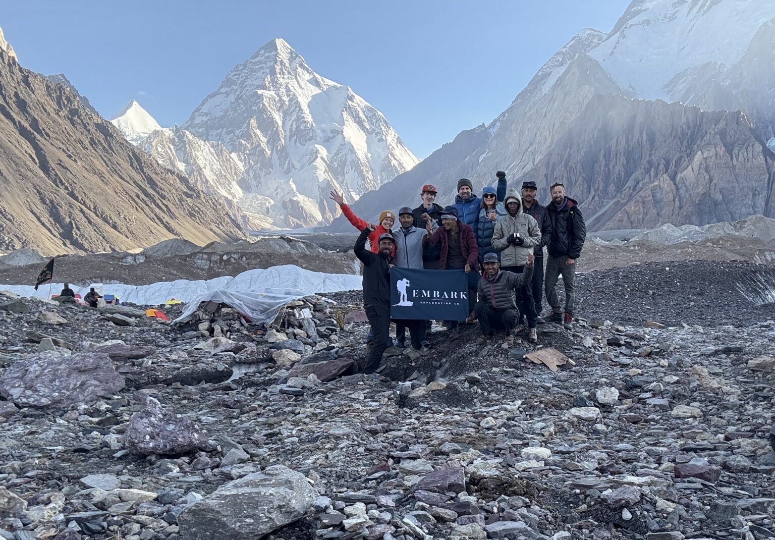 group of trekkers at K2 Base Camp with Embark Exploration Co in Karakoram Pakistan