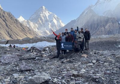 group of trekkers at K2 Base Camp with Embark Exploration Co in Karakoram Pakistan